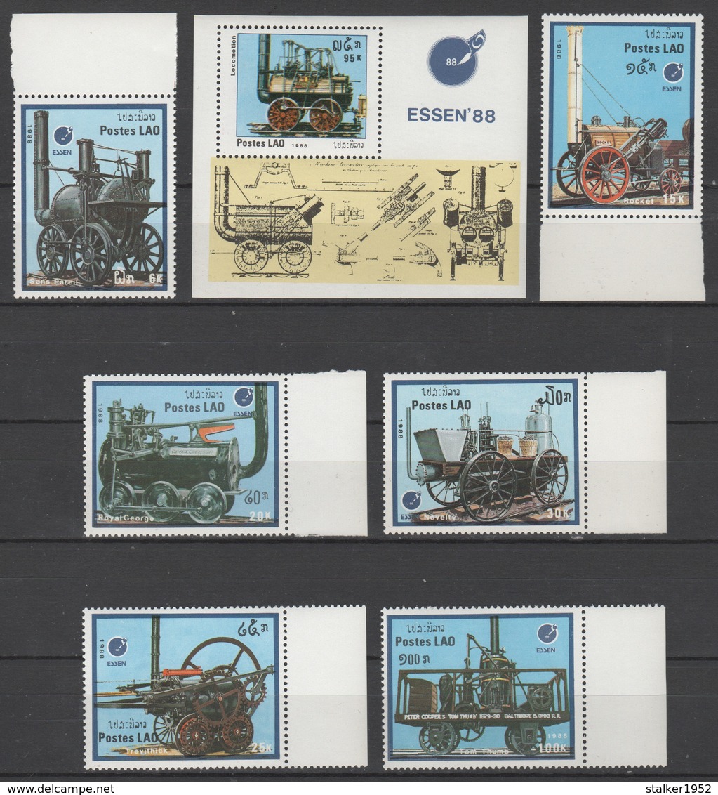 Laos 1988 Mi 1091-1096 + Block 123(1097) International Stamp Exhibition ESSEN '88: Old Locomotives / Alte Lokomotiven - Voitures