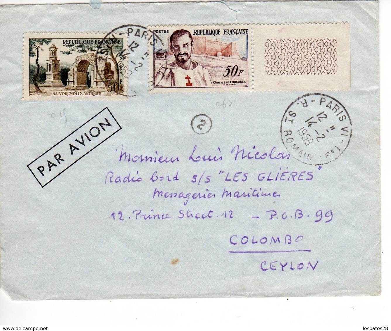 Lettre  Messageries Maritimes  CARGO " LES GLIERES" Vers Colombo CEYLON  Timbres Divers Erinophilie - 1921-1960: Période Moderne