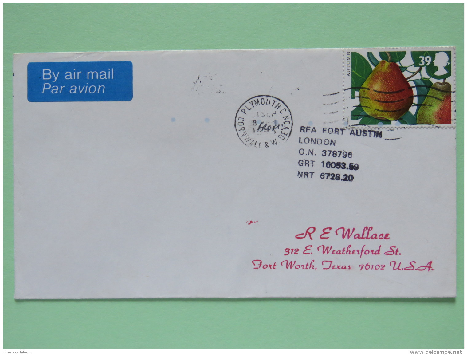 Great Britain 1993 Army RFA Cover (Yugoslavia War) From Adriatic Sea To Texas USA - Fruit Pear - Brieven En Documenten