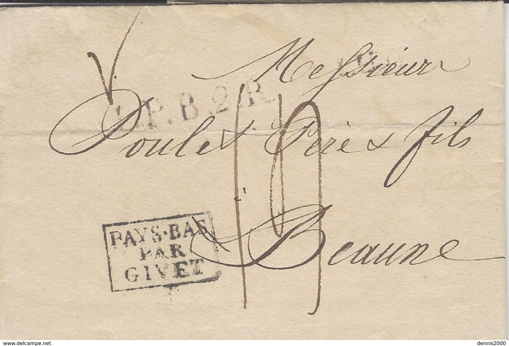 1821-lettre De Liège   Pour Beaune ( France )   L.P.B. 2 R  Noir + PAYS.BAS /PAR / GIVET Noir  Taxe 14 D. - 1815-1830 (Hollandse Tijd)