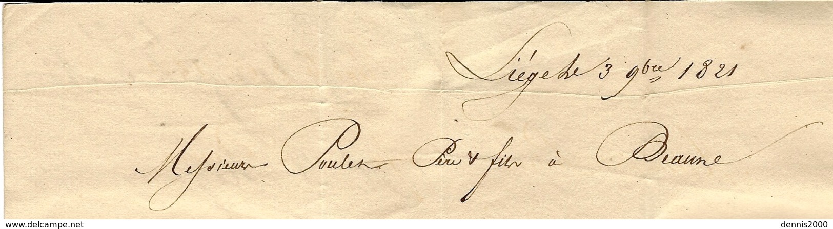 1821-lettre De Liège   Pour Beaune ( France )   L.P.B. 2 R  Noir + PAYS.BAS /PAR / GIVET Noir  Taxe 14 D. - 1815-1830 (Hollandse Tijd)