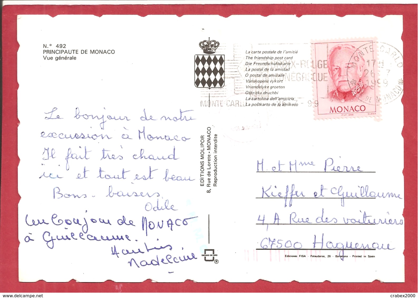 Y&T N°2183 MONTE CARLO      Vers   FRANCE  1999  2 SCANS - Briefe U. Dokumente