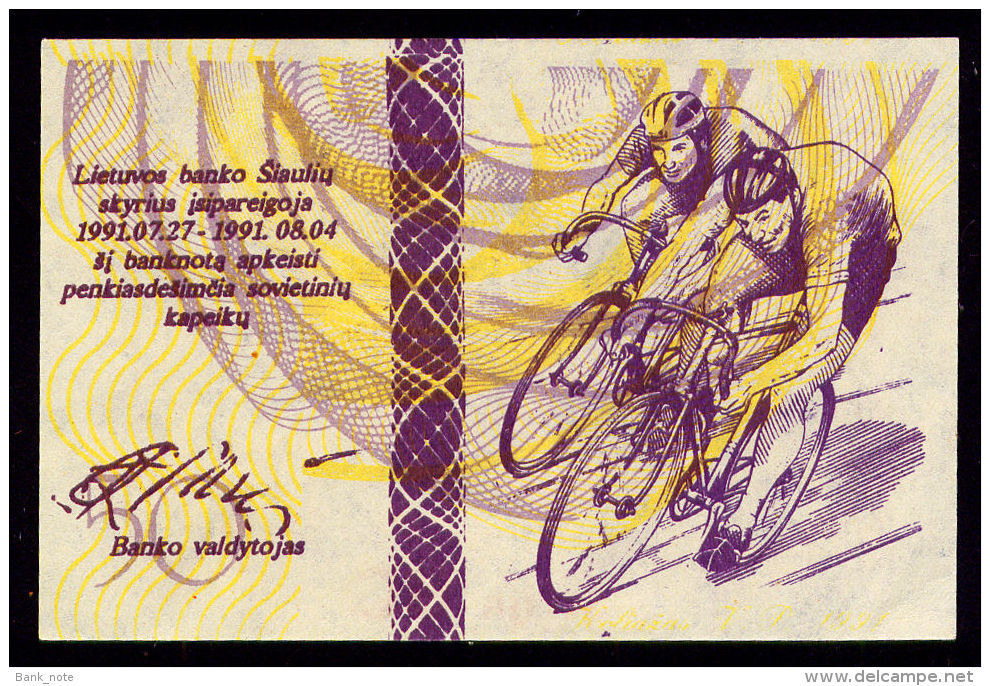 LITHUANIA OLYMPIC REGIONAL BANKNOTE CYCLISTS 1991 50 CENTAURU 1991 Pick NL AUnc - Lituania