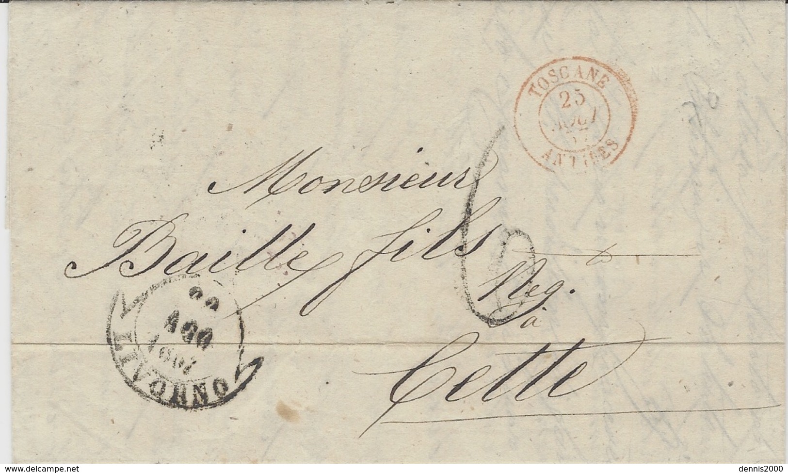 1857- Lettre De LIVORNO  Pour Cette ( France ) Taxe 6d Entrée Rouge TOSCANE / ANTIBES - Toscane
