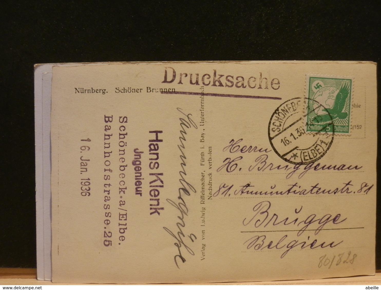 80/827    CP  ALLEMAGNE  POUR LA BELG.  1936 - Briefe U. Dokumente