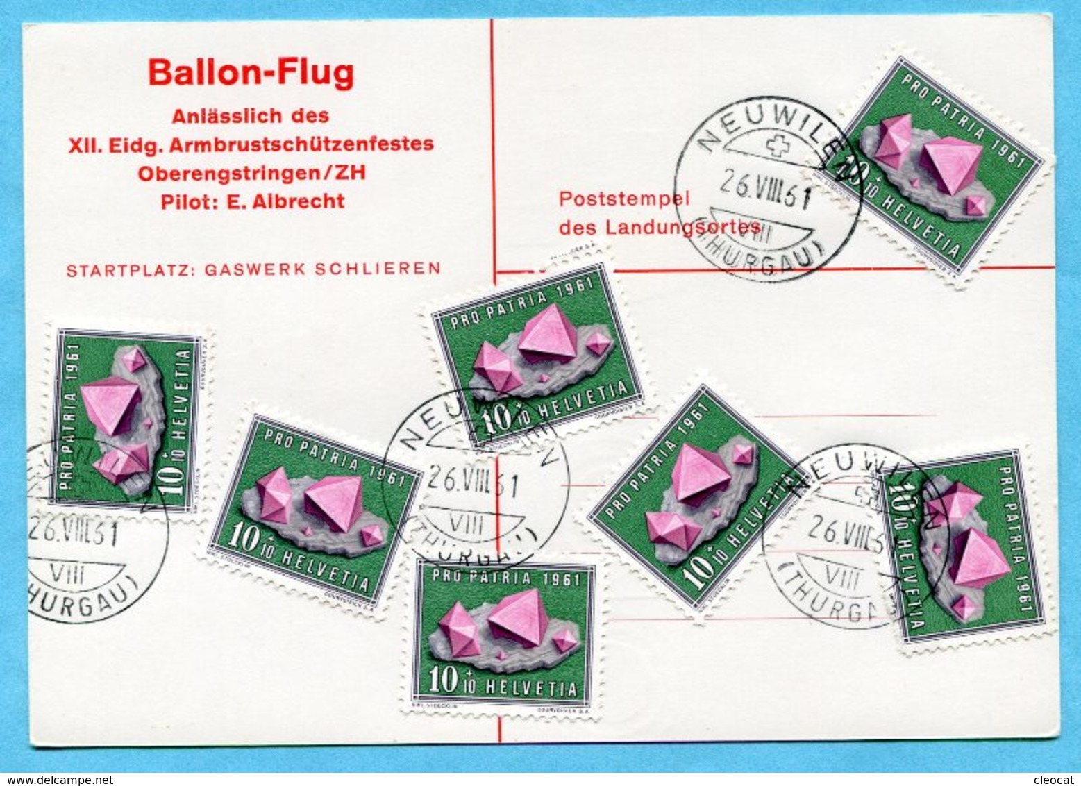 Ballonkarte 1961-24 Gestempelt Neuwilen - Anlässlich Des XII. Eidg. Armbrustschützenfestes Oberengstringen - Premiers Vols