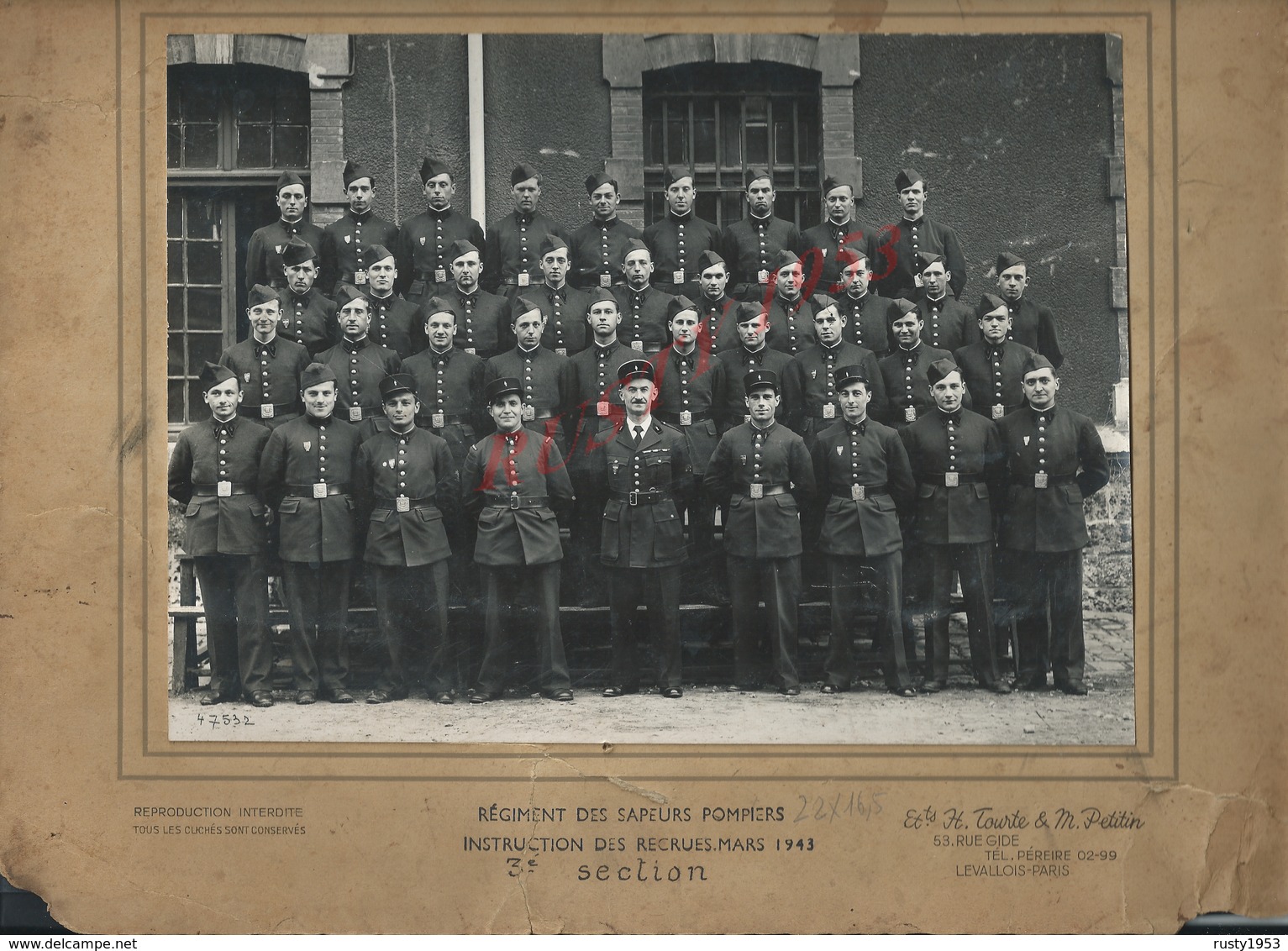 MILITARIA PHOTO ORIGINALE 22X16,5 MILITAIRE  POMPIERS 3e Sct 43 PHOTO H TOURTE & PETITIN LEVALLOIS PARIS RUE GIDE : - Pompiers