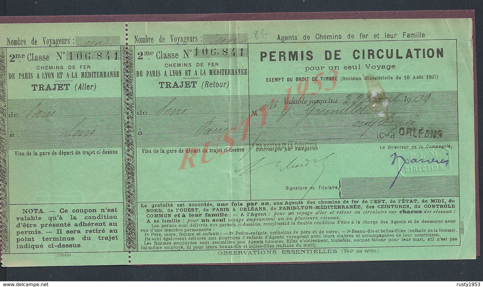 TITRE DE TRANSPORT CHEMINS DE FER DE PARIS À SENS & SENS PARIS PERMIS DE CIRCULATION X ORLÉANS 1909 : - Europe