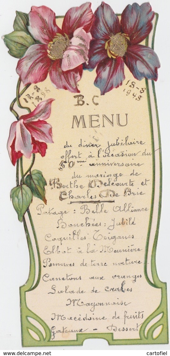 MENU-FLEURS-1948-DELCOURTE-DE BRIE-ORIGINAL-VINTAGE-OLD-DOCUMENT+-8,5-20CM-VOYEZ LES 2 SCANS! - Menú