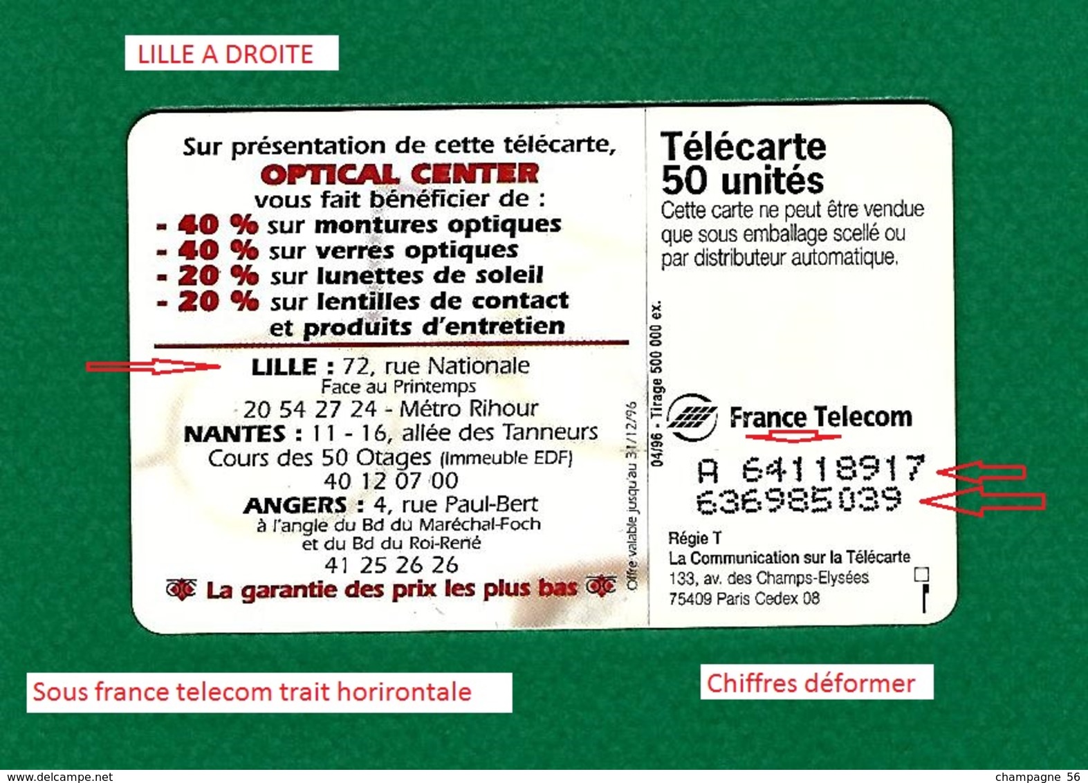 VARIÉTÉS FRANCE TÉLÉCARTE 04 /1996   OPTICAL CENTER F645 970.JG PUCE  SO3 OPTICAL 50 UNITÉS UTILISÉE - Variétés