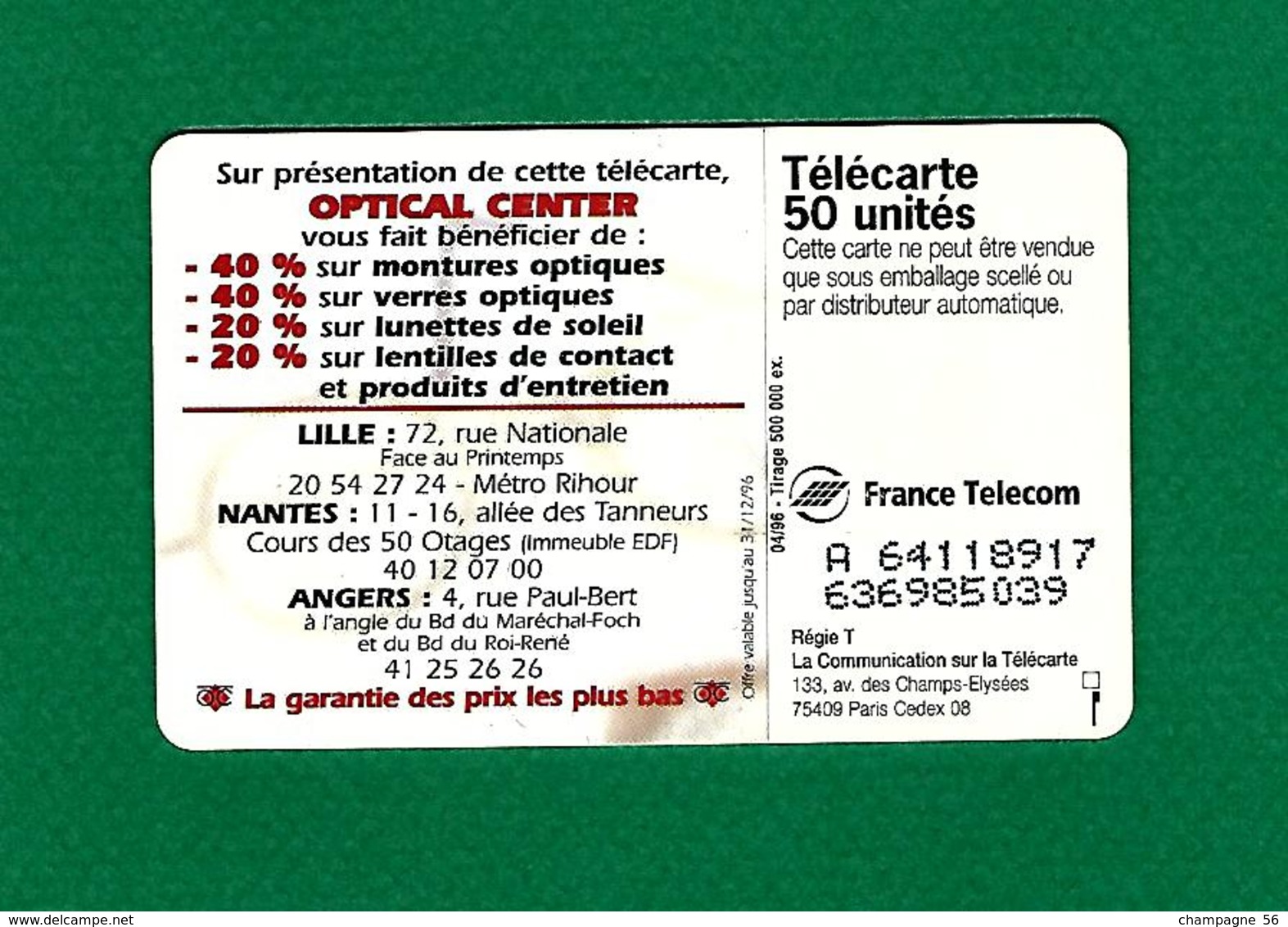 VARIÉTÉS FRANCE TÉLÉCARTE 04 /1996   OPTICAL CENTER F645 970.JG PUCE  SO3 OPTICAL 50 UNITÉS UTILISÉE - Variétés