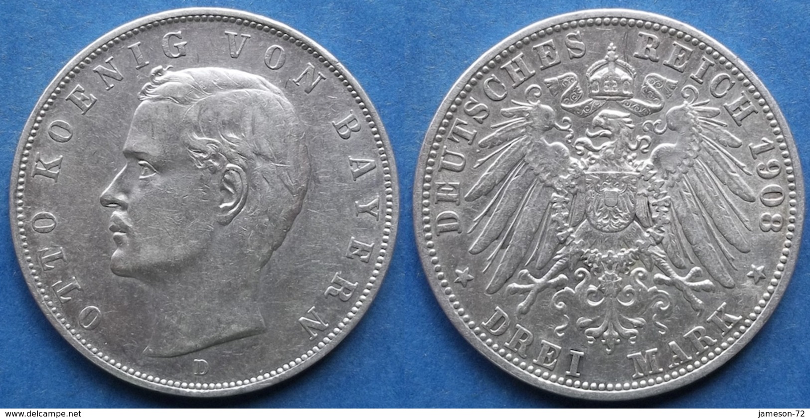 BAVARIA · GERMANY - Silver 3 Mark 1908 D KM# 996 Otto - Edelweiss Coins - 2, 3 & 5 Mark Argent