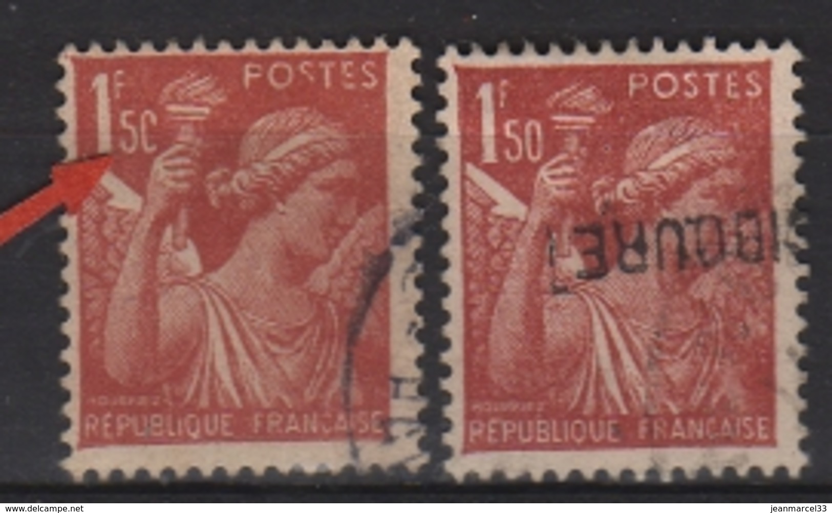 Variété Du 652 Iris Rouge Brun Oblitéré, 1f5C O Des 50 Centimes Cassé En Forme De C - Used Stamps