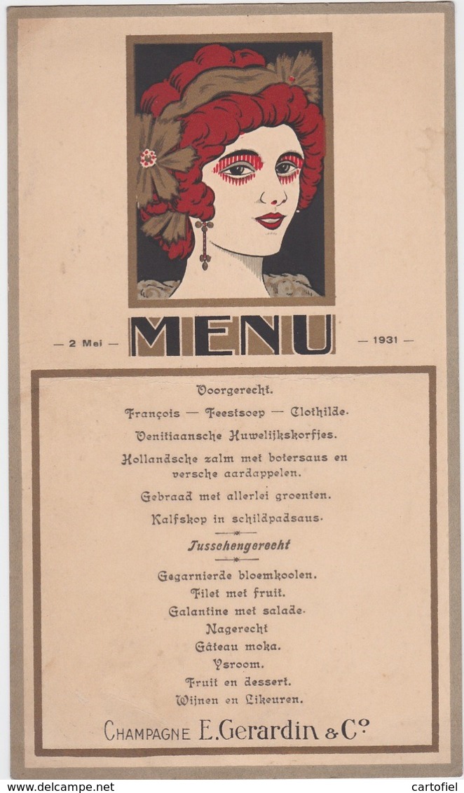 MENU-CHAMPAGNE-E.GERARDIN&CO-1931-ARTDECO-FEMME-ORIGINAL-VINTAGE-DOCUMENT-12,5-21CM-A ETE PLIES-LEGEREMENT-VOYEZ 2 SCANS - Menus