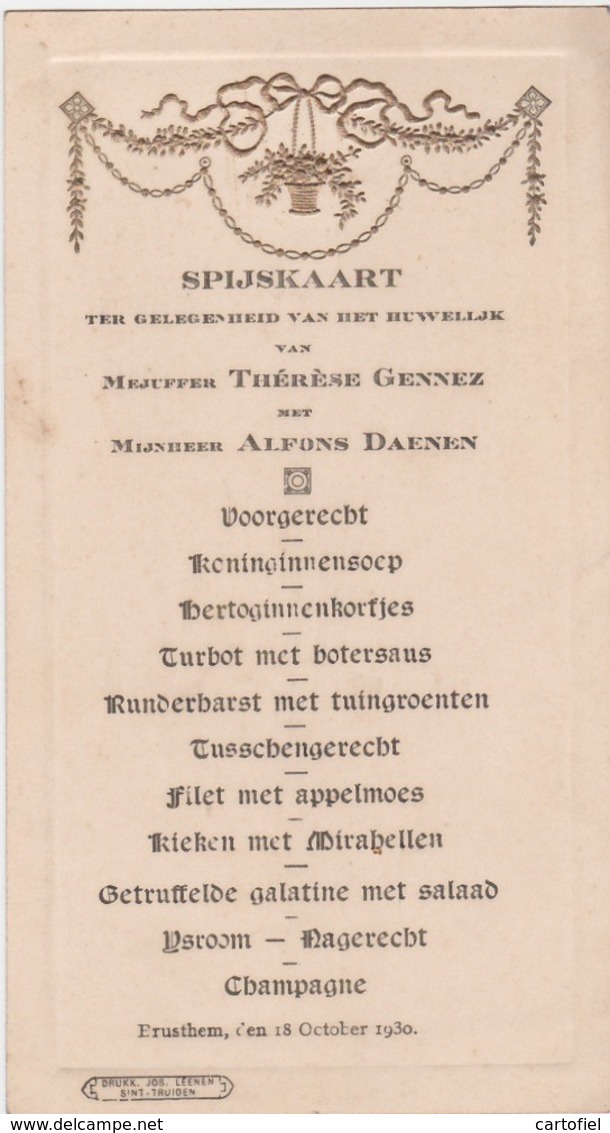 MENU-GAUFRE-BRUSTEM-BRUSTHEM-HUWELIJK-GENNEZ-DAENEN-1930-ORIGINAL-VINTAGE+-9-16,5CM-DRUKKERIJ JOS. LEENEN-SINT-TRUIDEN! - Menus