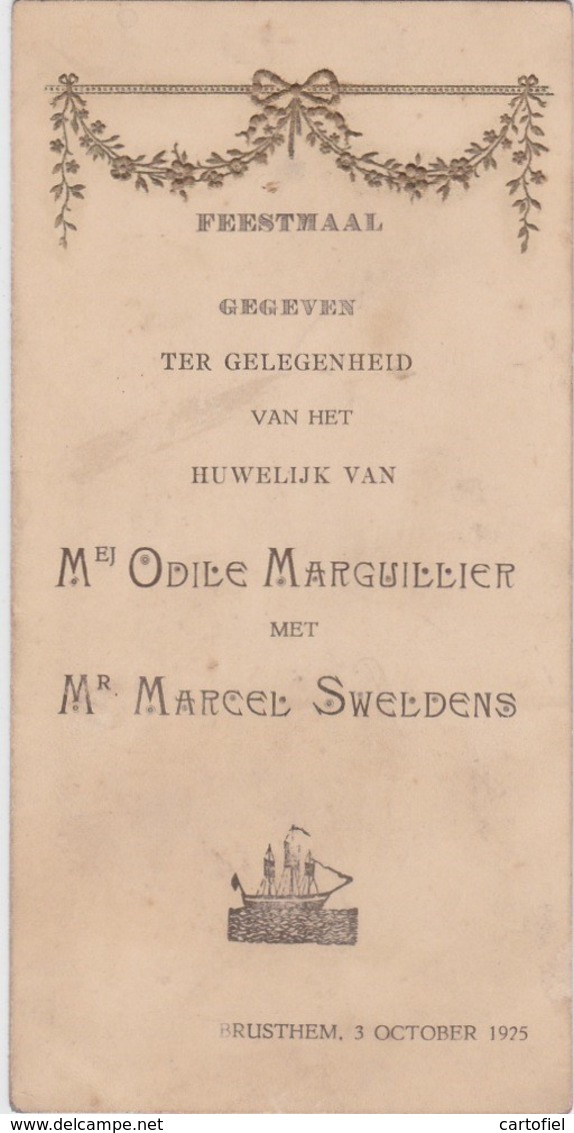 MENU-GAUFRE-BRUSTEM-HUWELIJK-SWELDENS-MARGUILLIER-1925-ORIGINAL-VINTAGE+-8,5-16,5CM-KLEINE SCHEUR MIDDEN-ONDER-2 SCANS! - Menu