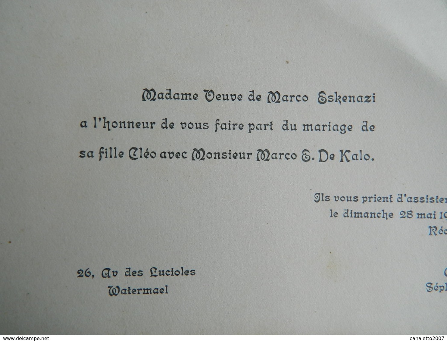 ST GILLES+WATERMAEL :FAIR PART DE MARIAGE DE 1939 DE CLEO ESKENAZI ET MARCO S.DE KALO - Mariage