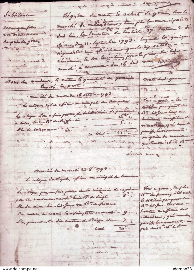 Registre Des Ventes De Grains Sur Le Marché De Villandraut En Gironde 1793,17 Pages - Documentos Históricos