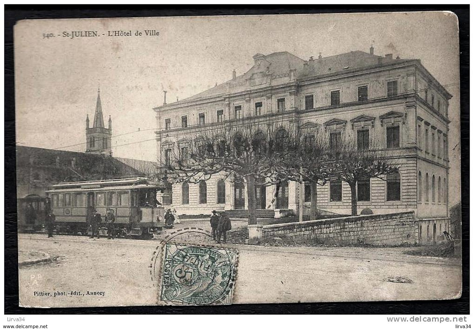 CPA PRECURSEUR FRANCE- ST-JULIEN (74)- L'HOTEL DE VILLE EN HIVER EN 1900- TRES GROS PLAN- TRAMWAY DEVANT- ANIMATION - Saint-Julien-en-Genevois