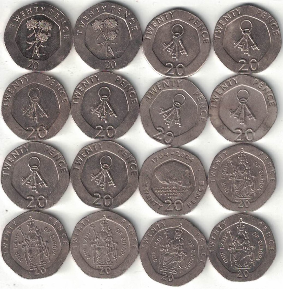 Gibraltar Collection Of 16x 20 Pence Coins 1988-2015 All Listed & Different - Gibraltar