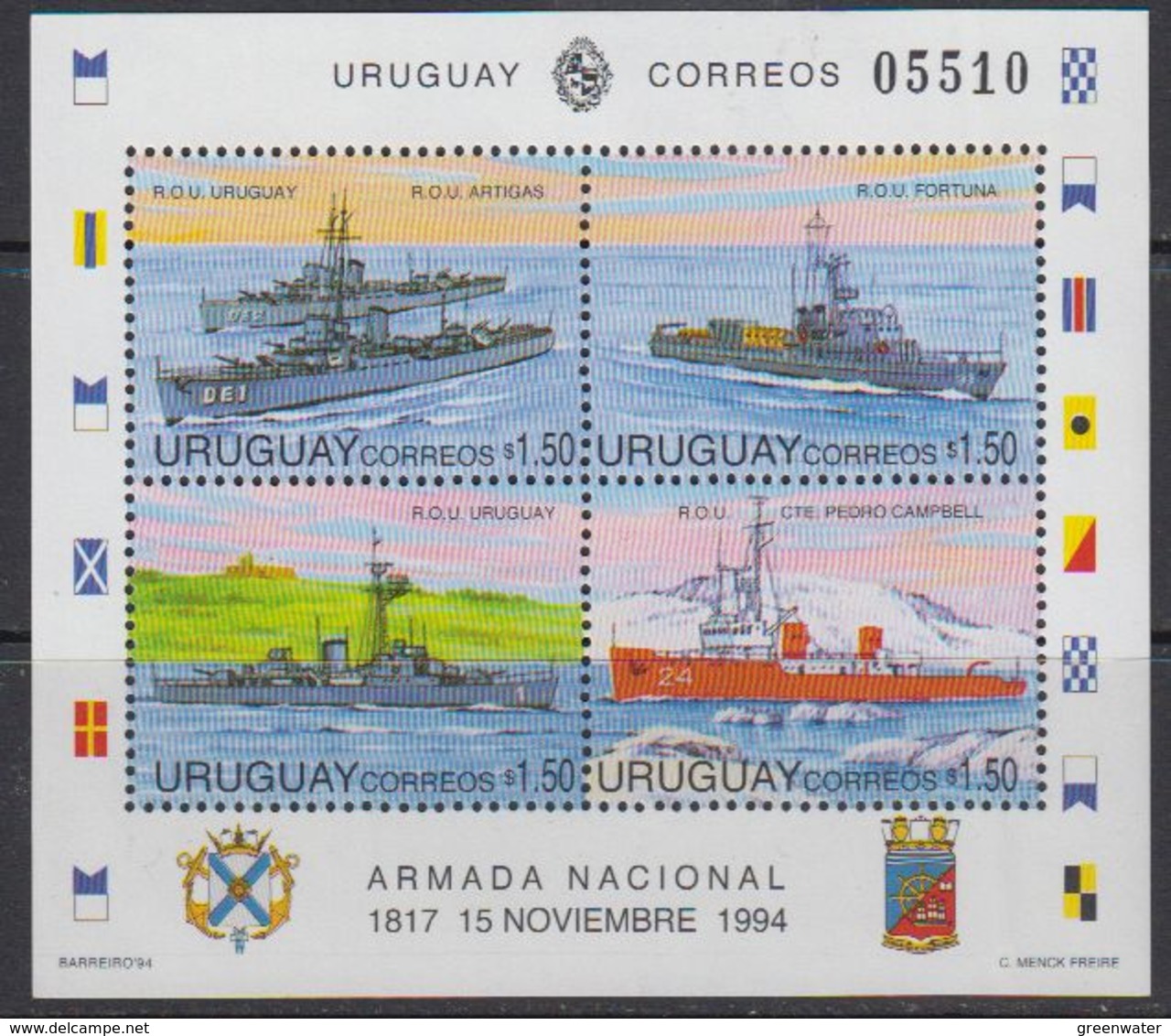 Uruguay 1994 Navy Day / Ships M/s (WITH WRINKLE !!!!) ** Mnh (41387) - Uruguay