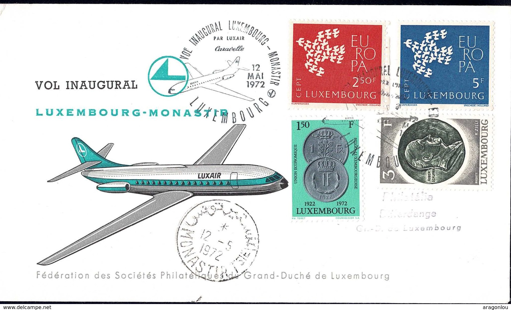 Luxair Vol Inaugural Luxembourg-Monastir 12.5.1972, Prifix: LX19: Valeur Catalogue: 5€ - Briefe U. Dokumente