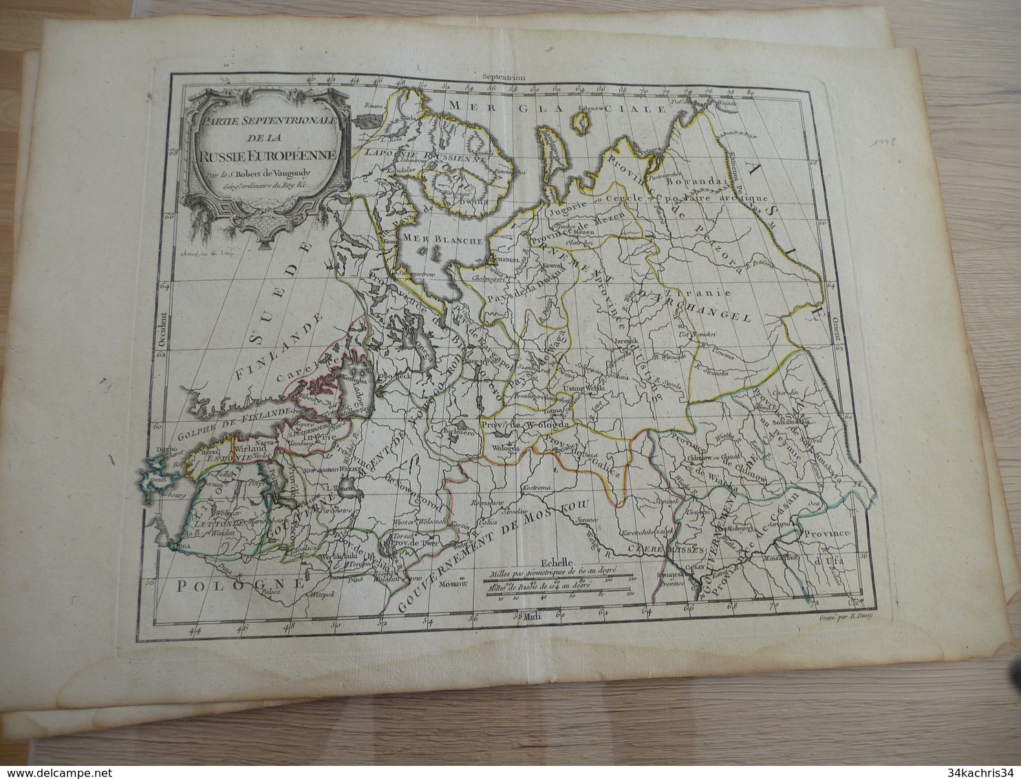 Carte Atlas Vaugondy 1778 Gravée Par Dussy 40 X 29cm Mouillures Partie Septentrionale De La Russie Européenne - Geographische Kaarten