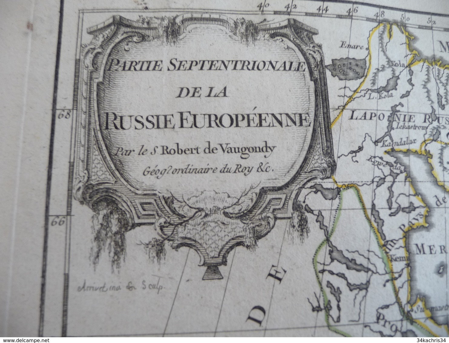 Carte Atlas Vaugondy 1778 Gravée Par Dussy 40 X 29cm Mouillures Partie Septentrionale De La Russie Européenne - Carte Geographique