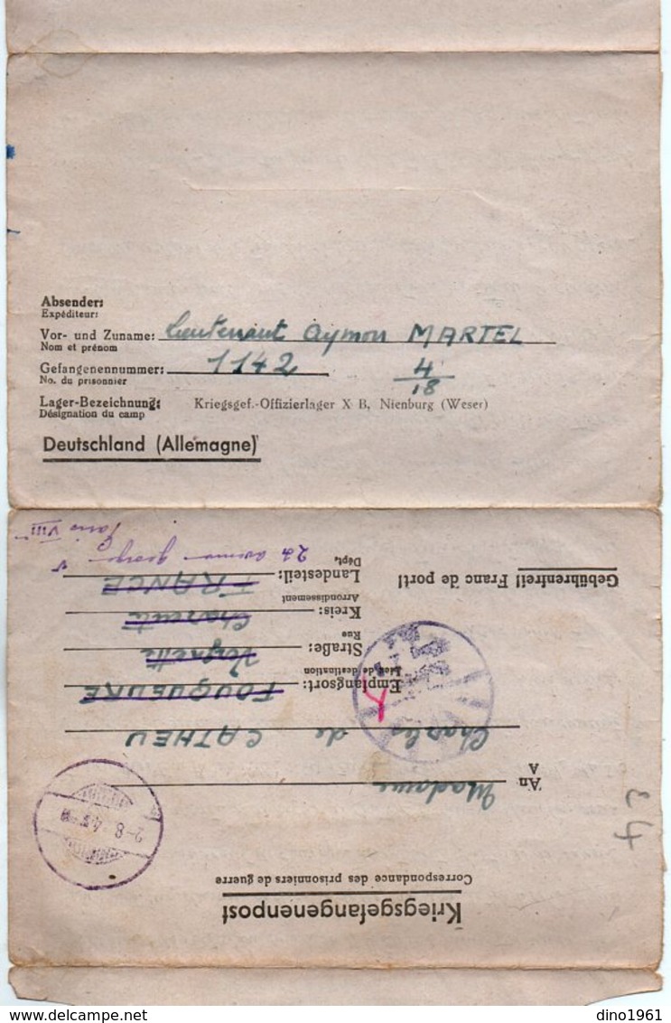 VP13.476 - MILITARIA - 2 Lettres Du Lieutenant Aymon MARTEL Prisonnier De Guerre En Allemagne - Documentos