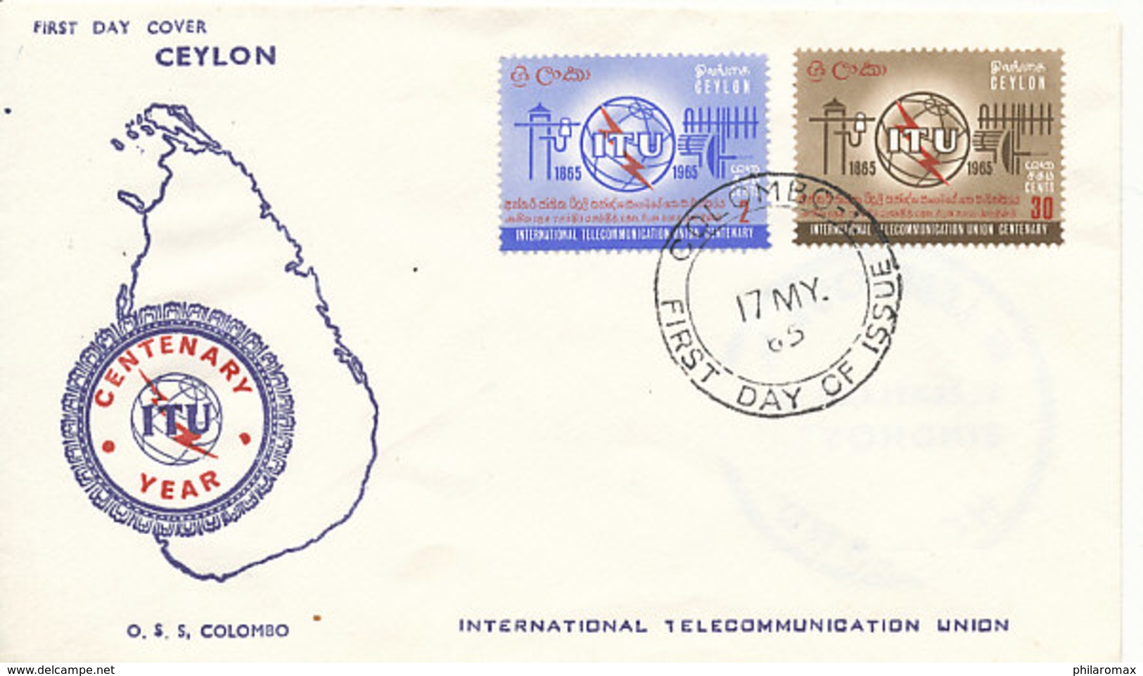 DC-1421 - FDC 1965 - 100 YEARS TELECOMMUNICATION ITU - UIT - MORSE TELEPHONE TELEGRAPH SATELLITE - CEYLON - Sri Lanka (Ceylon) (1948-...)