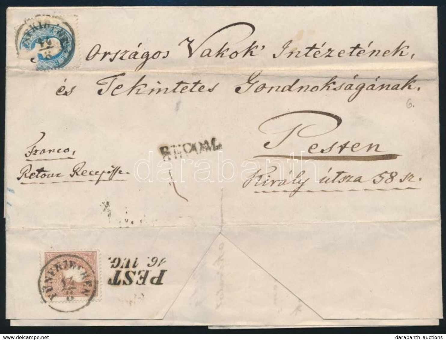 1861 1858 10kr + 1861 15kr (sérült) Vegyes Bérmentesítés Levélen 'FÜNFKIRCHEN' - 'PEST' - Autres & Non Classés