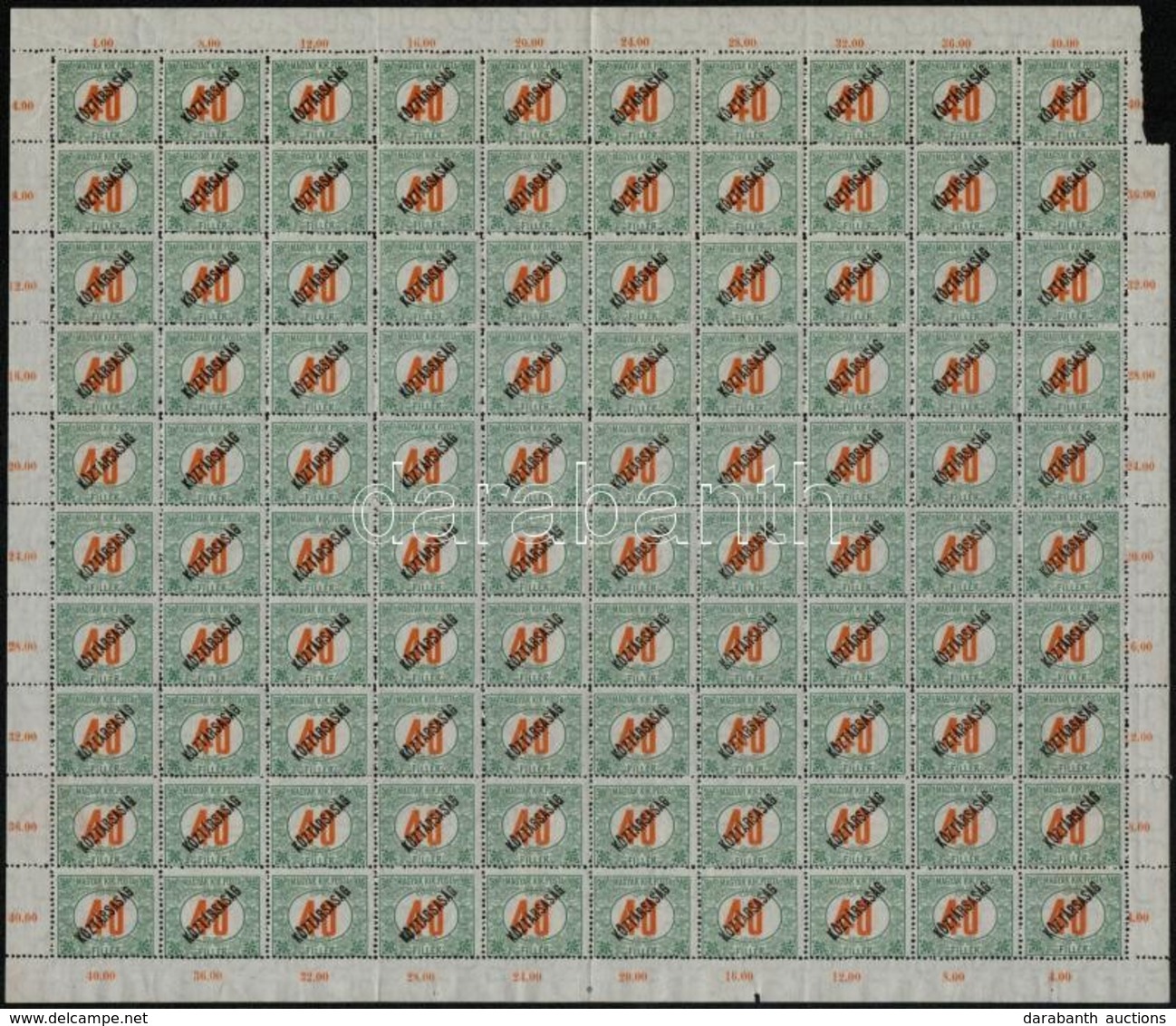 ** 1918 4 Teljes ív KÖZTÁRSASÁG Felülnyomással: Arató 4f, Károly 25f, Zita 50f, Portó 40f (22.000 ++) - Oblitérés