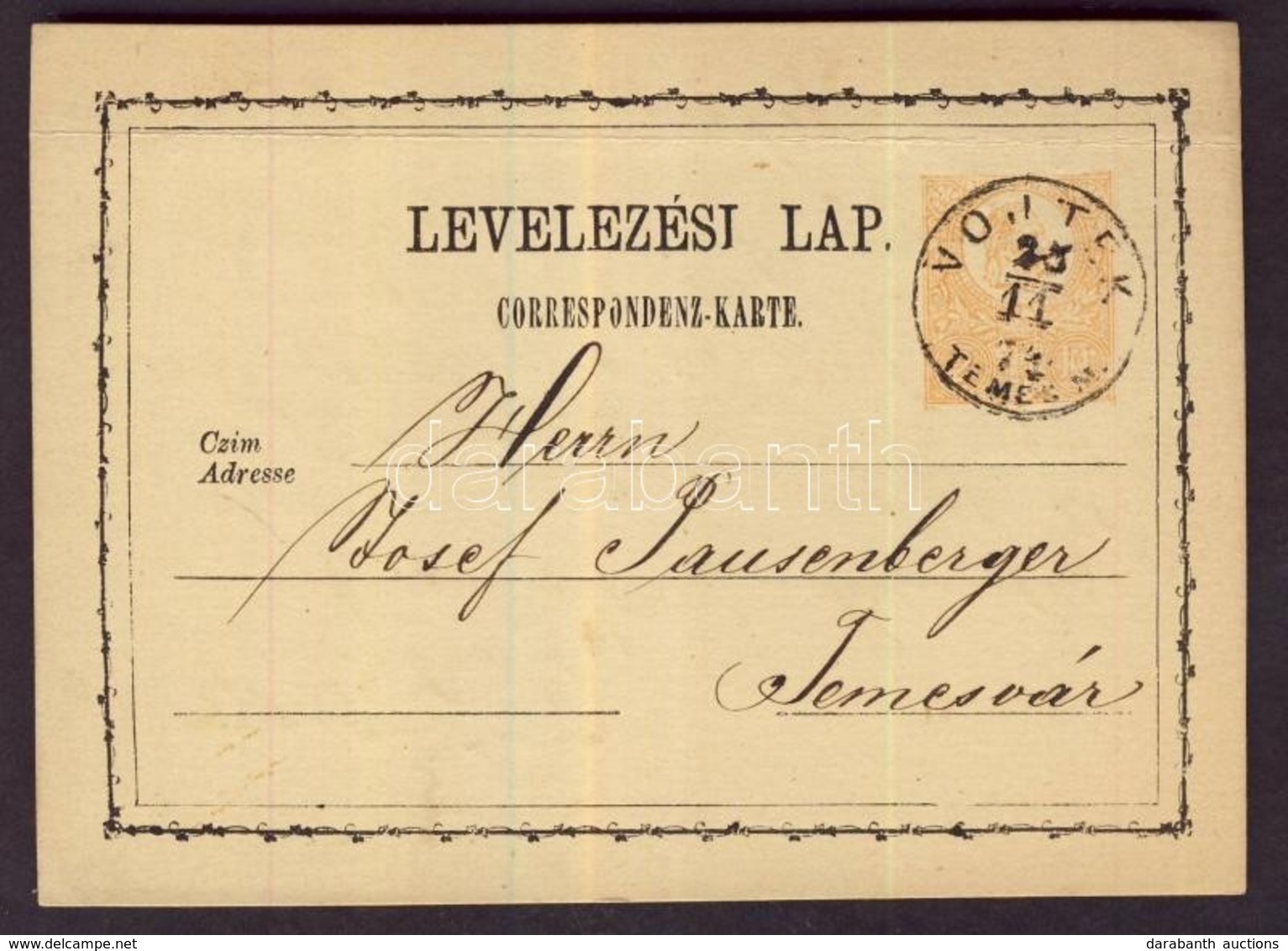 1874 2kr Díjjegyes Levelezőlap  / PS-card 'VOJTEK/TEMES M.' - 'TEMESVÁR' - Autres & Non Classés