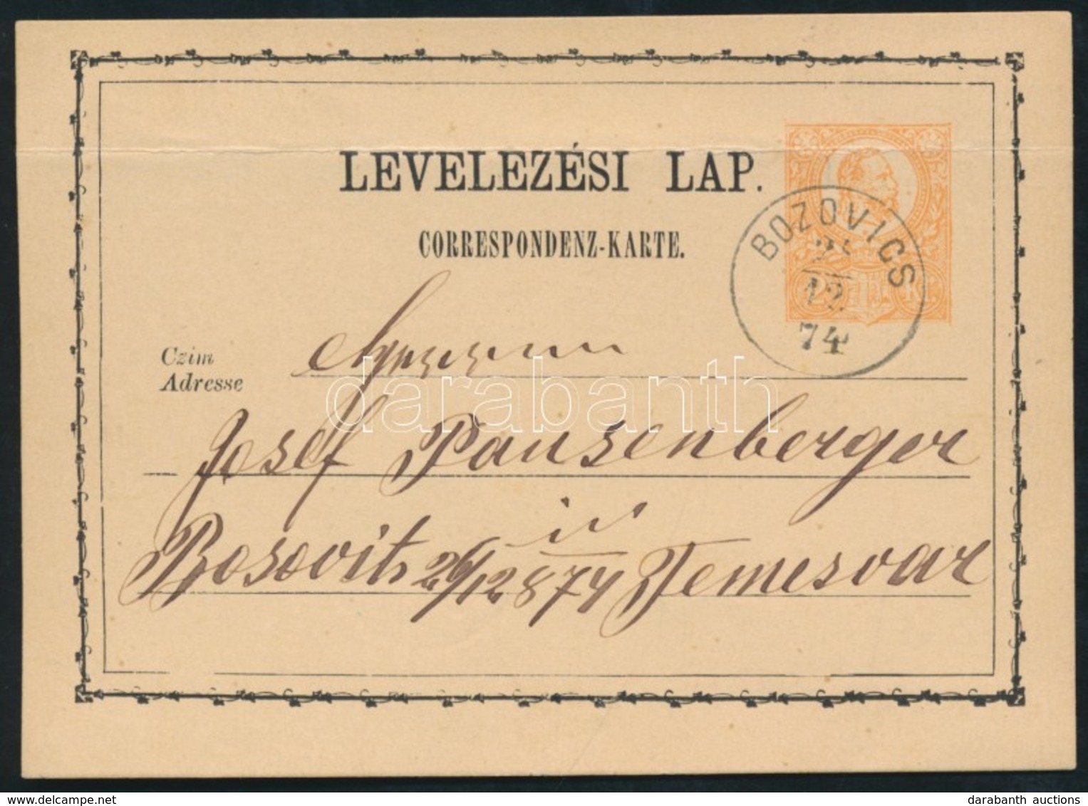 1874 Díjjegyes Levelezőlap / PS-card 'BOZOVICS' - Temesvár - Altri & Non Classificati