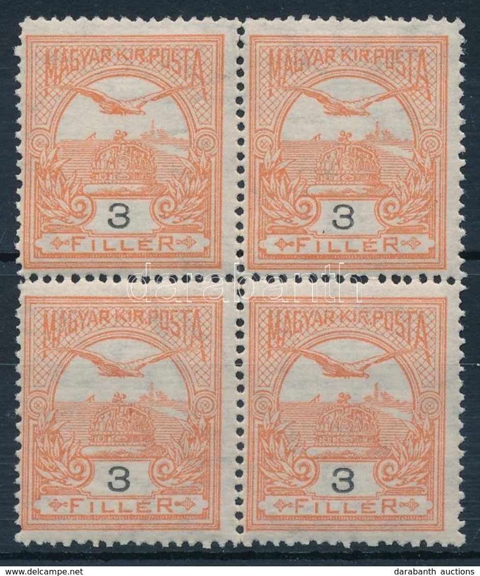 ** 1913 Turul 3f Négyestömb, Benne II. Típusú Bélyeg - Altri & Non Classificati