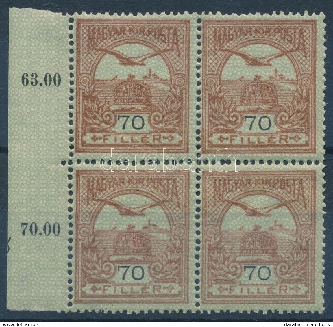 ** 1913 Turul 70f ívszéli Négyestömb, Benne II. Típusú Bélyeg - Altri & Non Classificati