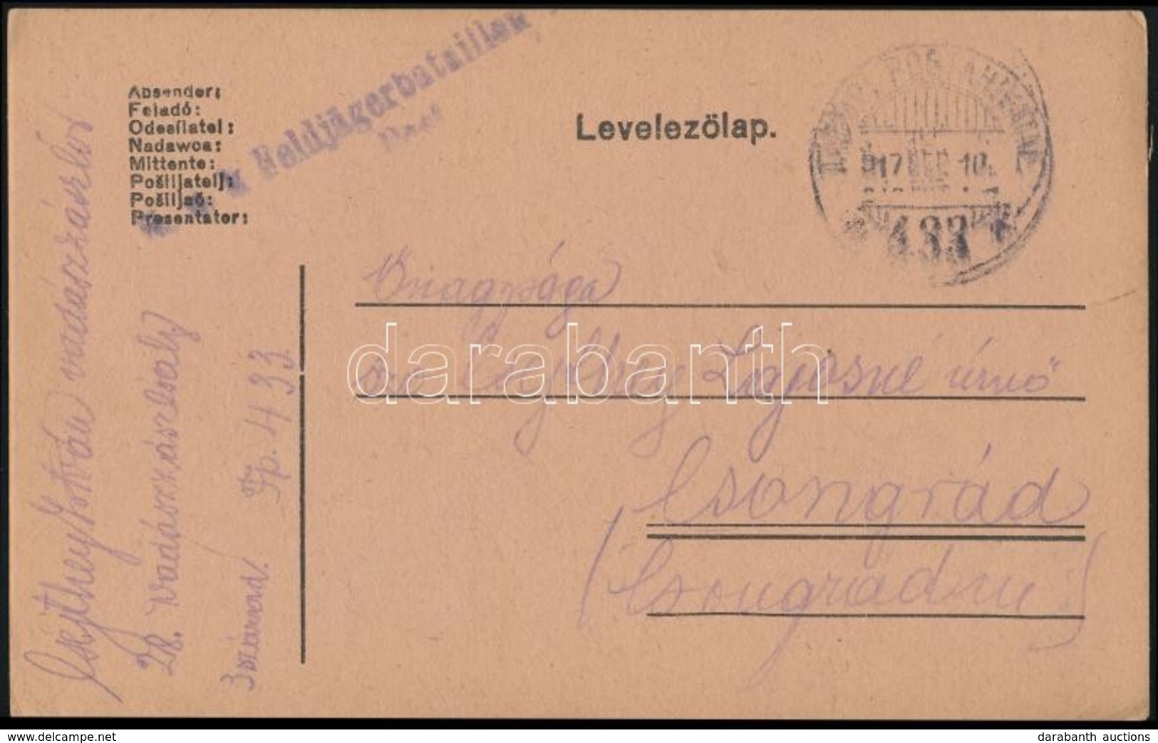 1917 Tábori Posta Levelezőlap 'K.u.k. Feldjägerbataillon No.28. Post' + 'TP 433 A' - Autres & Non Classés