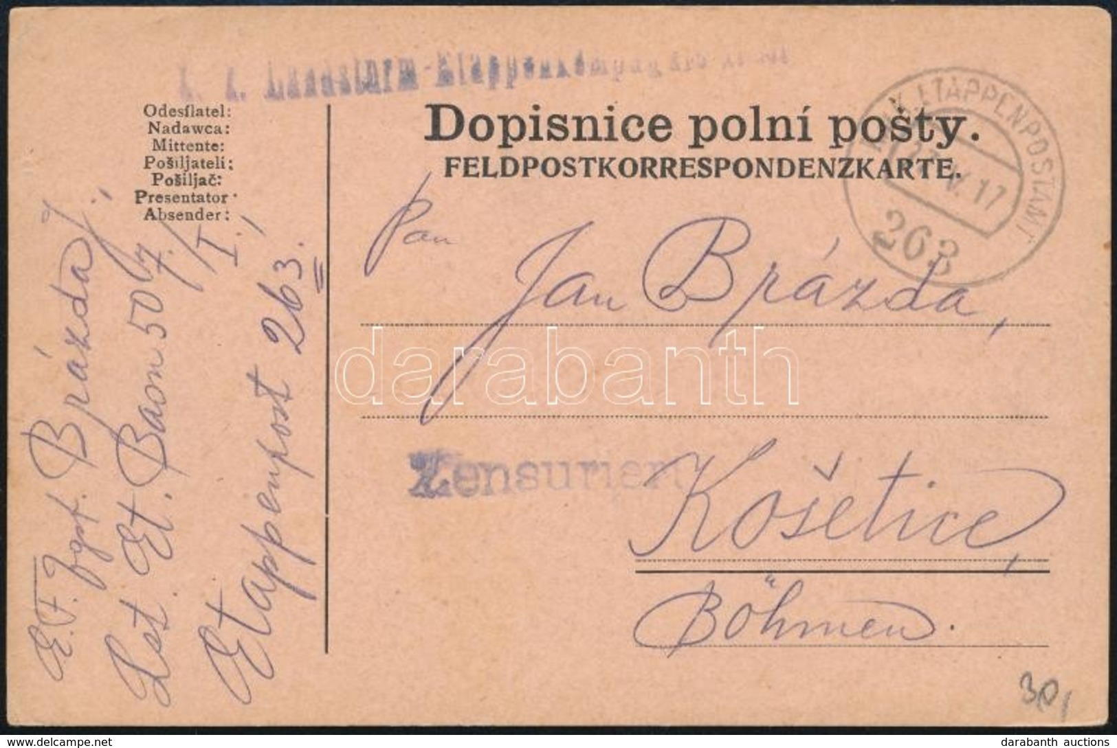 1917 Tábori Posta Levelezőlap 'K.k. Landsturm - Etappenkompagnie ...' + 'EP 263' - Autres & Non Classés