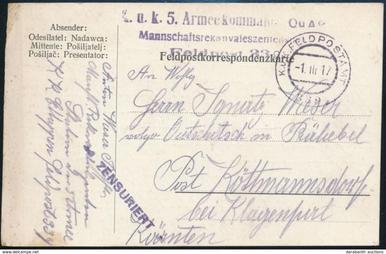 1917 Tábori Posta Levelezőlap / Field Postcard 'K.u.k. 5. Armeekommando Mannschaftsrekonvaleszentenstation' + 'FP 339' - Autres & Non Classés