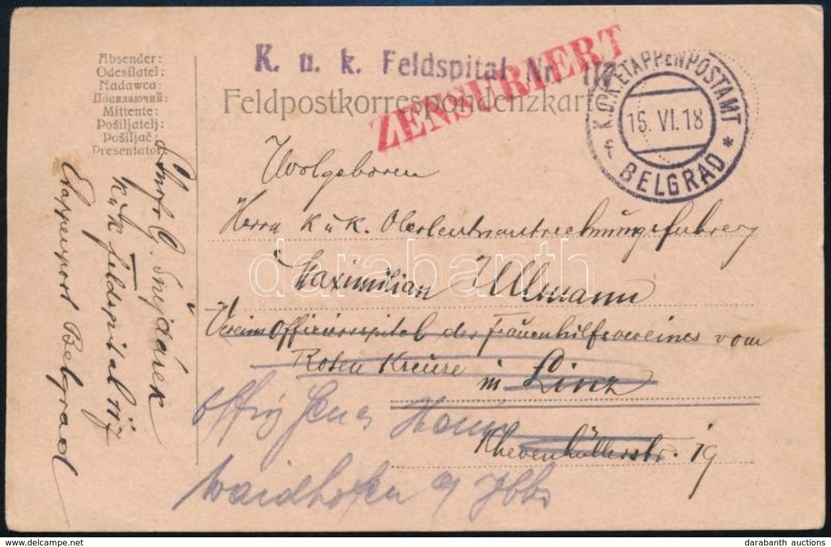 1918 Tábori Posta Levelezőlap 'K.u.k. Feldspital Nr. 117' + 'EP BELGRAD F' - Autres & Non Classés