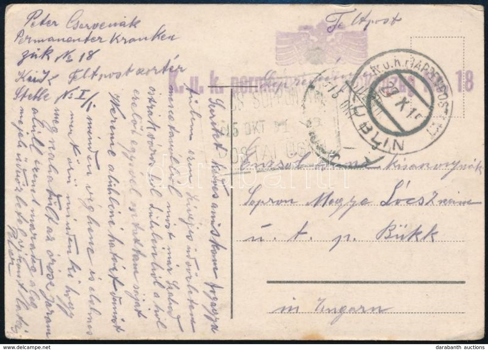 1918 Tábori Posta Képeslap 'K.u.k.permanenter Krankenzug Nr.18.' + 'EP LUBLIN' - Other & Unclassified