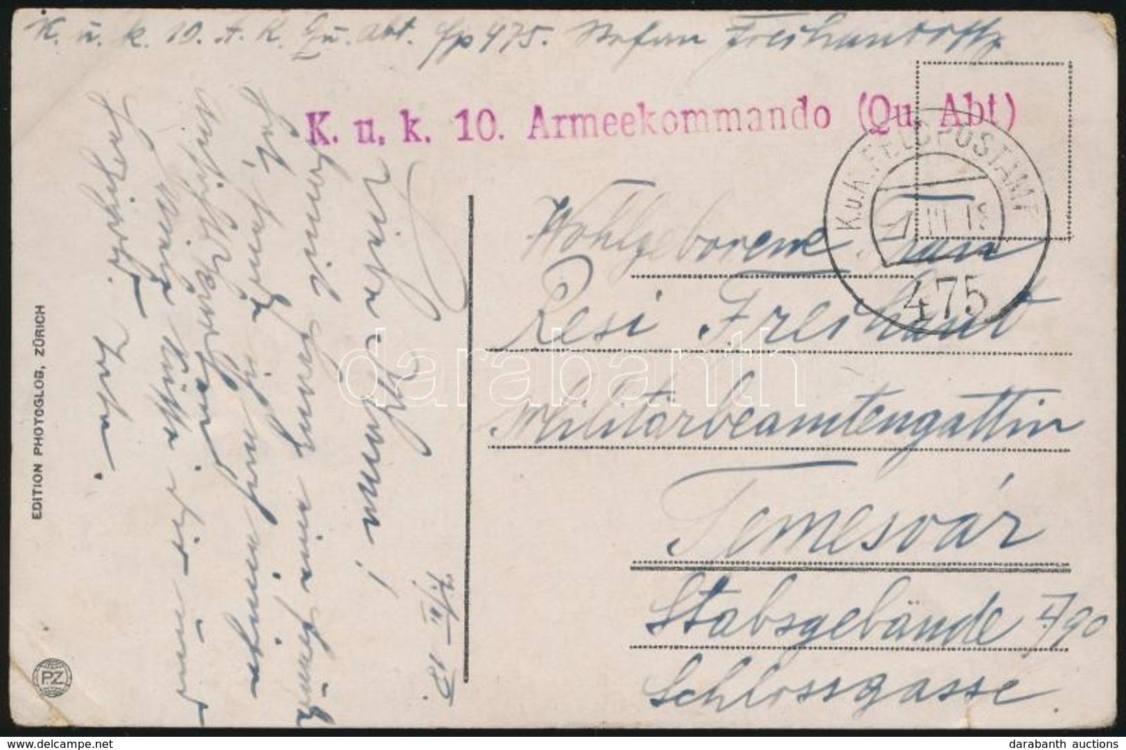 1918 Tábori Posta Képeslap 'K.u.k. 10. Armeekommando (Qu. Abt)' + 'FP 475' - Autres & Non Classés