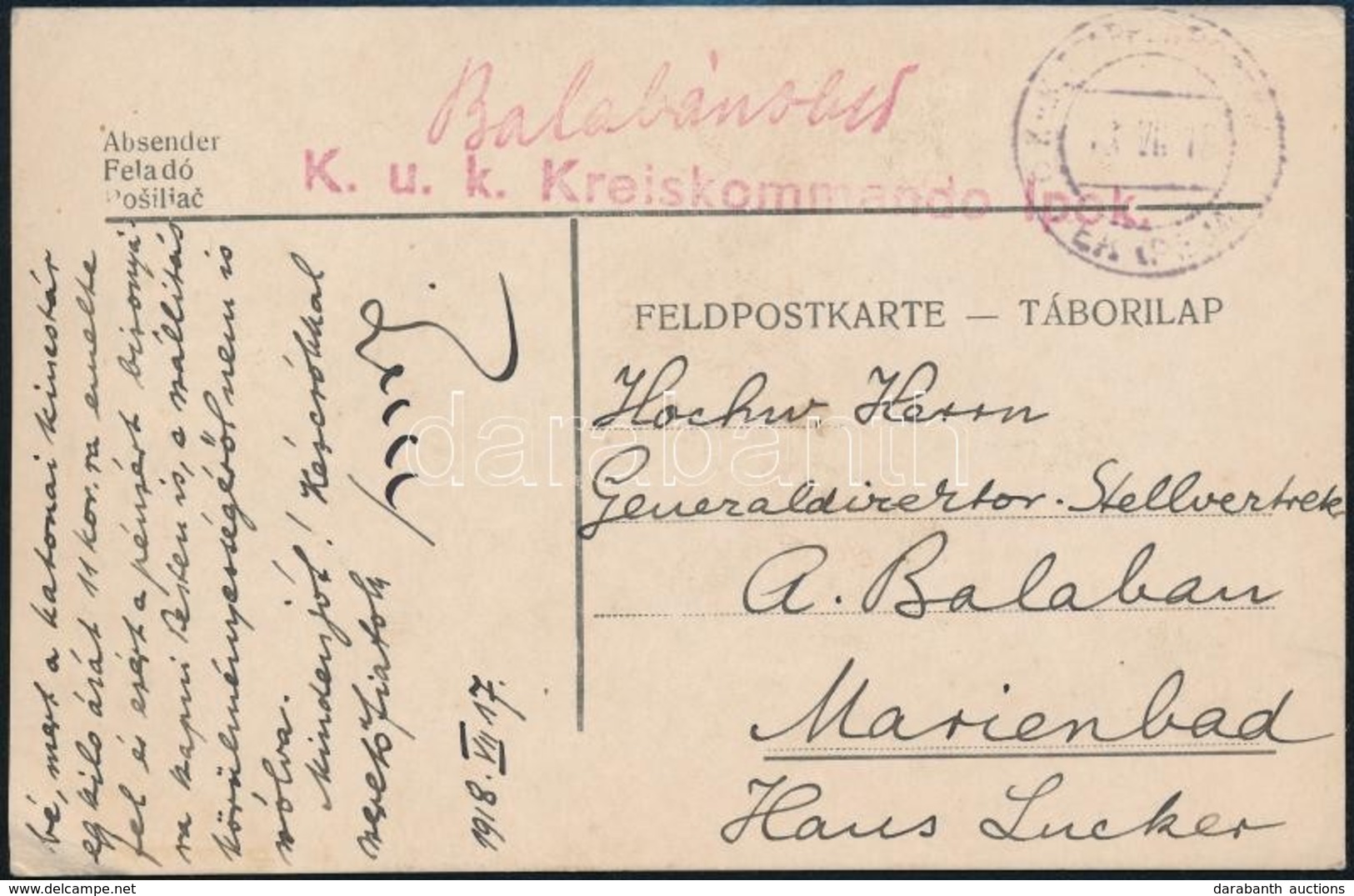 1918 Tábori Posta Levelezőlap / Field Postcard 'K.u.k. Kreiskommando' + 'EP IPEK(PEJA)' - Autres & Non Classés
