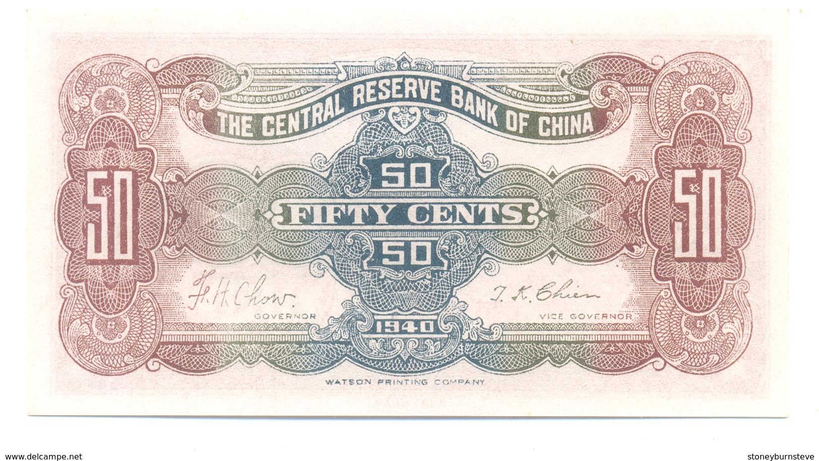 China Central Reserve Bank Of China 50 Cents 1940 - Chine