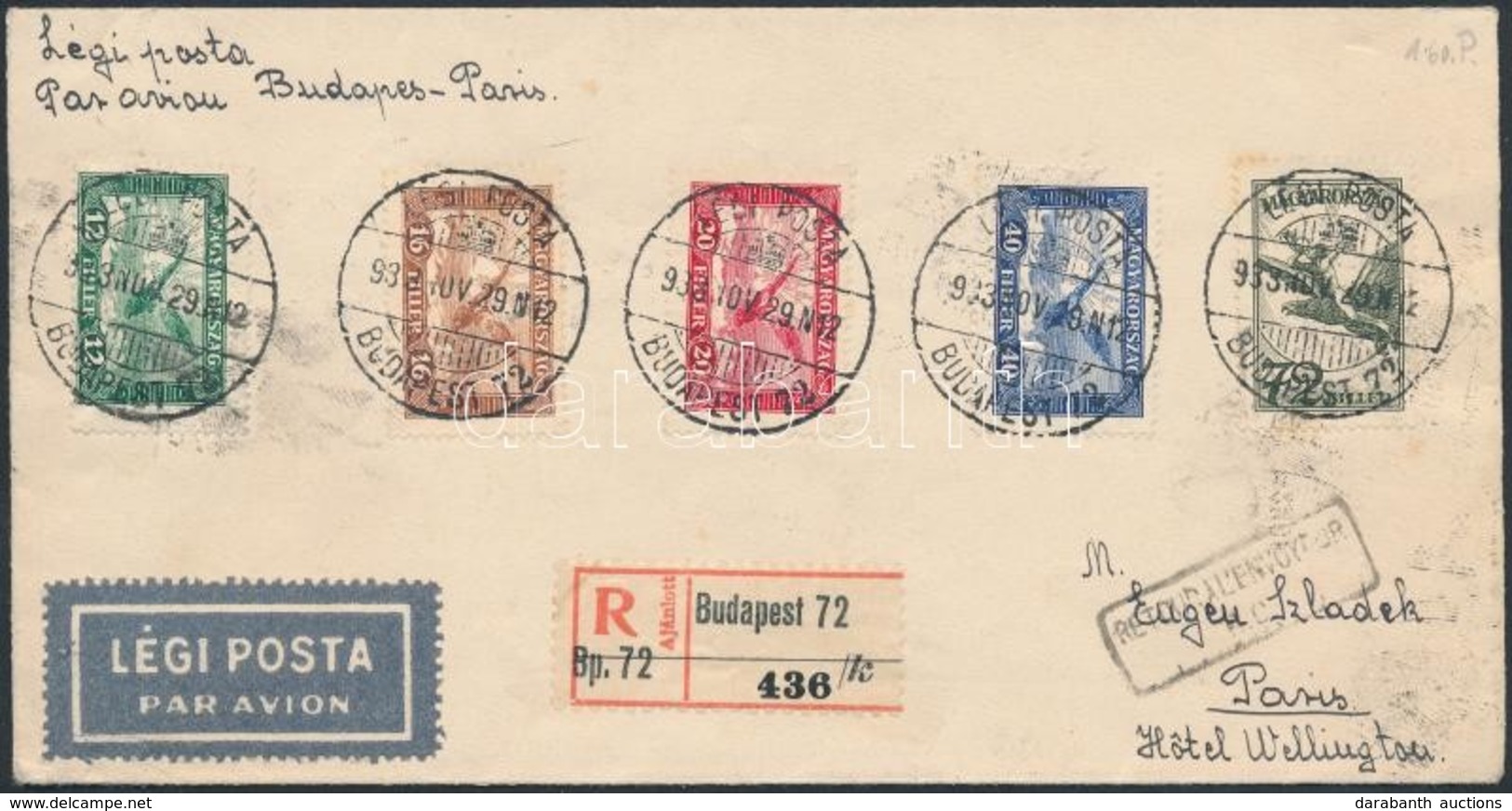 1933 Ajánlott Légi Levél Párizsba, Visszaküldve / Registered Airmail Cover To Paris, Returned - Autres & Non Classés