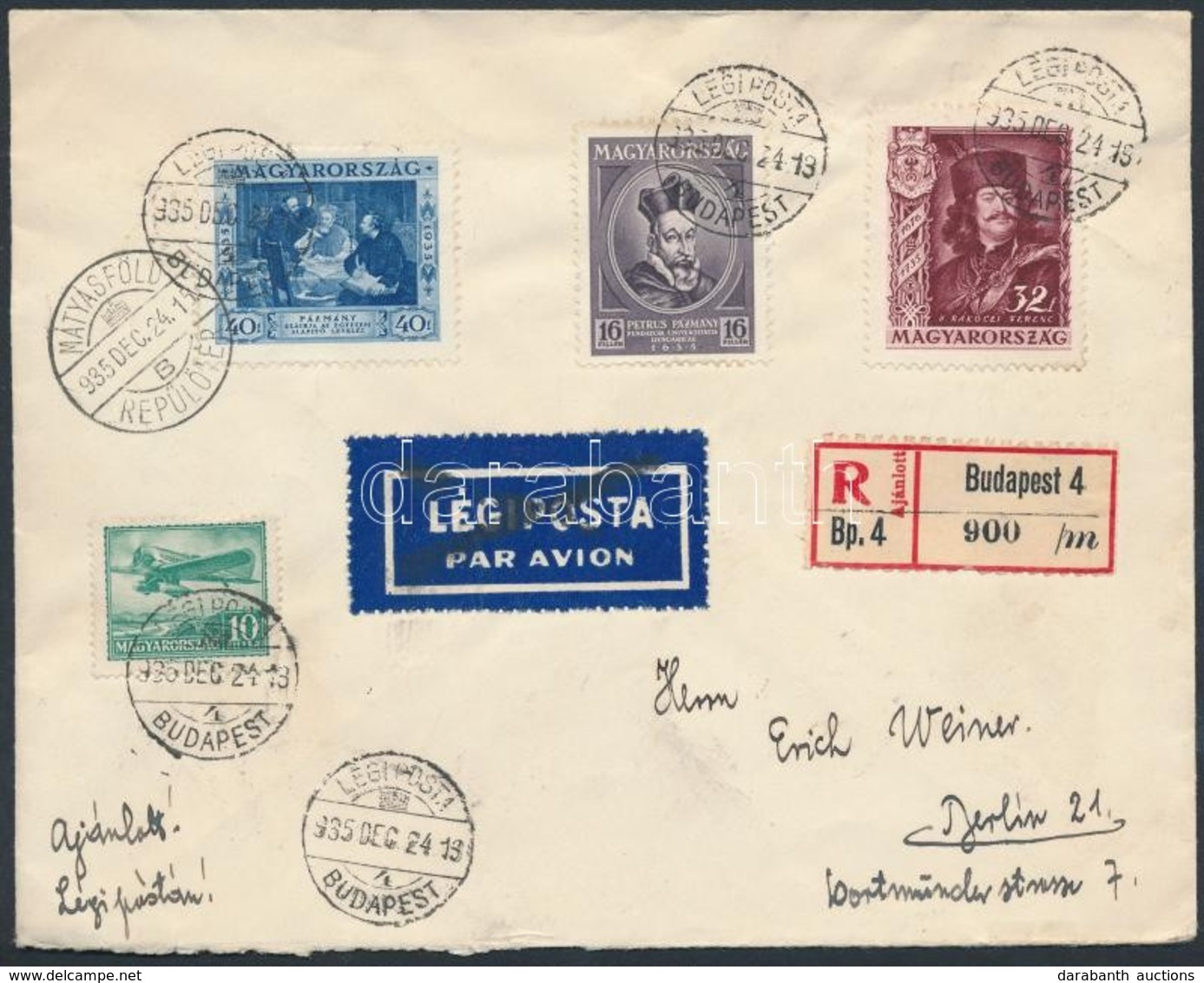 1935 Ajánlott Légi Levél Berlinbe / Registered Airmail Cover To Berlin - Autres & Non Classés