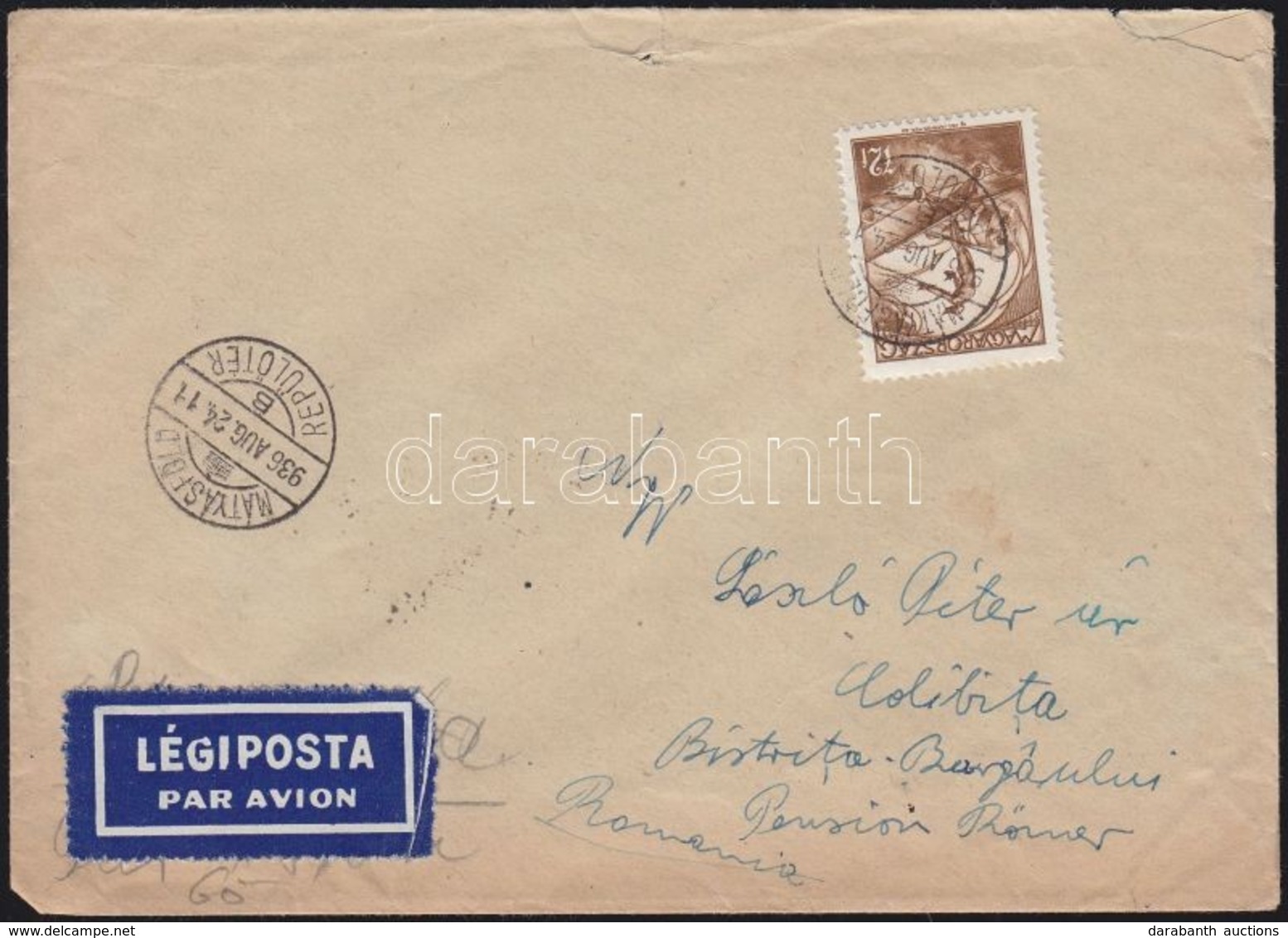 1936 Repülő 72f Egyes Bérmentesítés Légi Levélen Romániába / Airmail Cover To Romania - Otros & Sin Clasificación