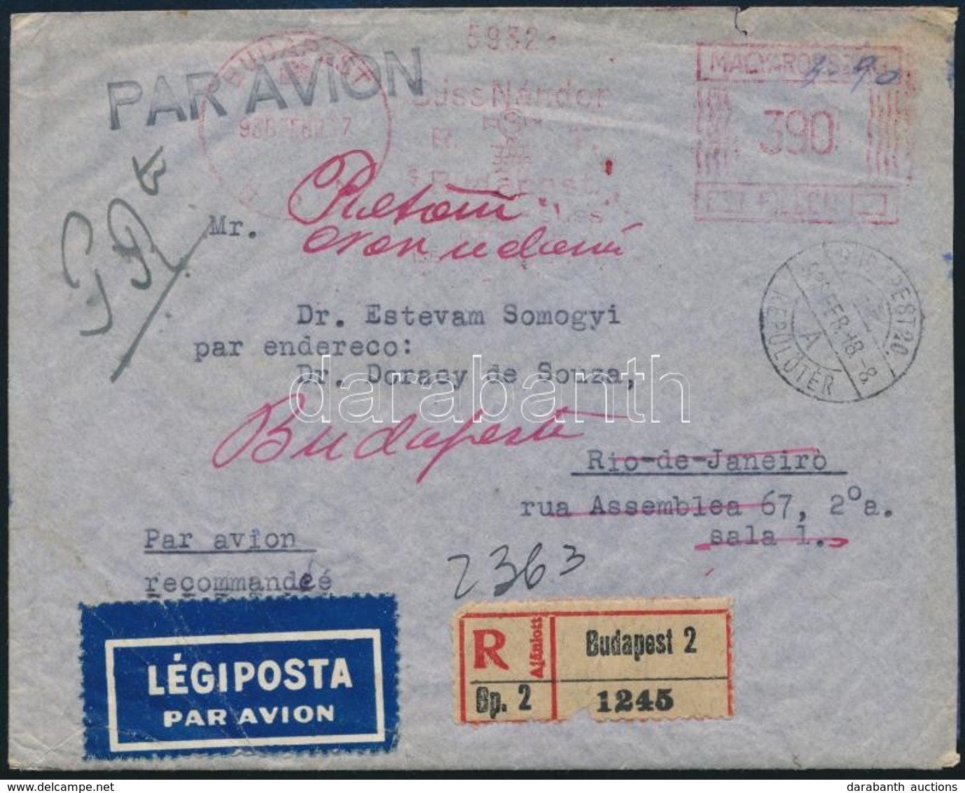 1938 Ajánlott Légi Levél Gépi Reklám Bélyegzéssel Brazíliába, Visszairányítva - Autres & Non Classés