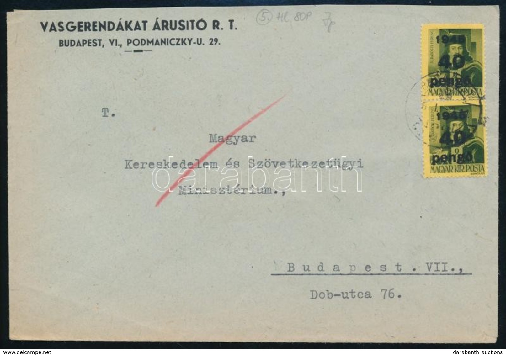 1945 (5. Díjszabás) Helyi Levél Kisegítő 2 X 40P/8f Bérmentesítéssel - Altri & Non Classificati