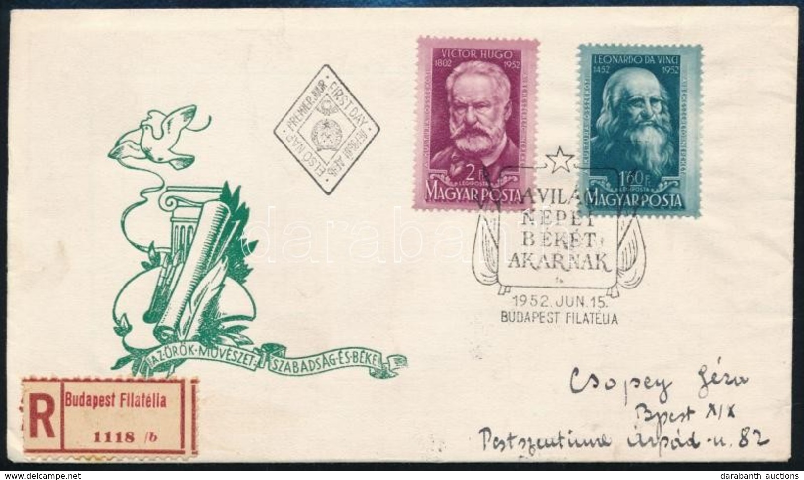 1952 Leonardo Da Vinci és Victor Hugo Sor Ajánlott FDC-n - Autres & Non Classés